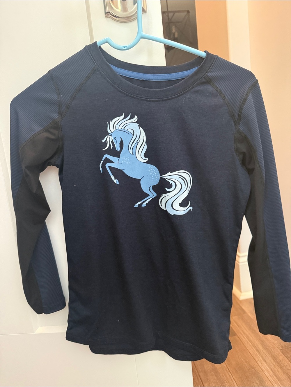 Girls' Navy Long-Sleeve Top with Light Blue Horse Graphic, Base Layer